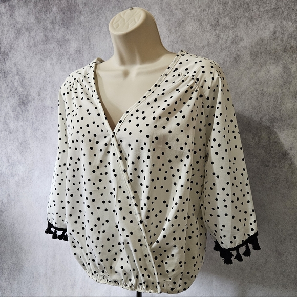 Lavender Field Polka Dot Faux Wrap Blouse With Tassel Sleeve - Picture 5 of 9